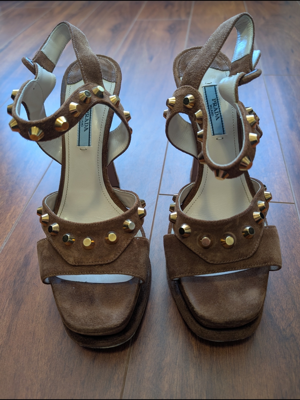 Prada Brown Suede Studded Slingback Heels